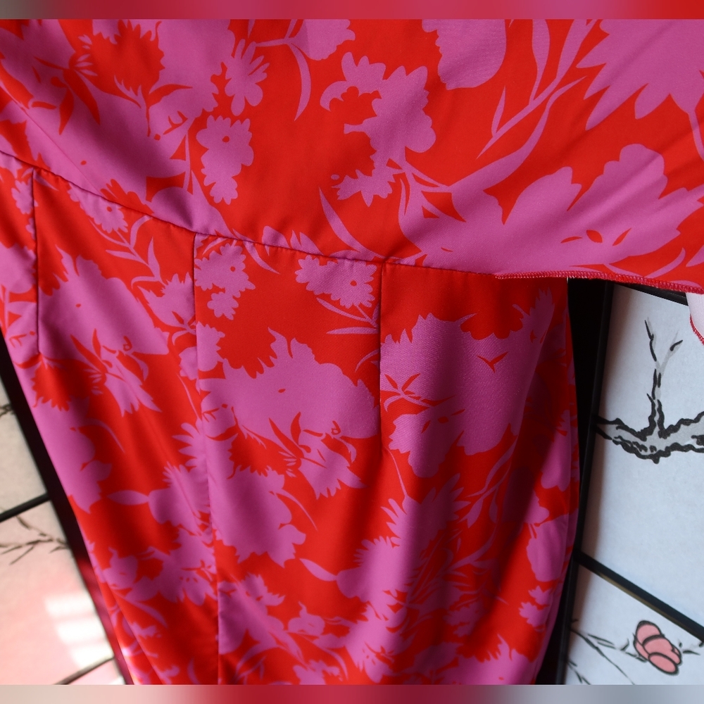 Pink and Red Floral Asymmetrical One Sleeve Off Shoulder Dress - Picture 3 of 12
